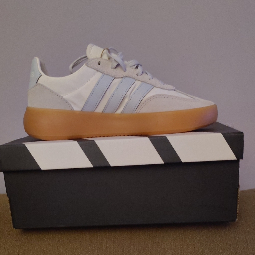 Adidas White and Blue Sneakers with Tan Sole